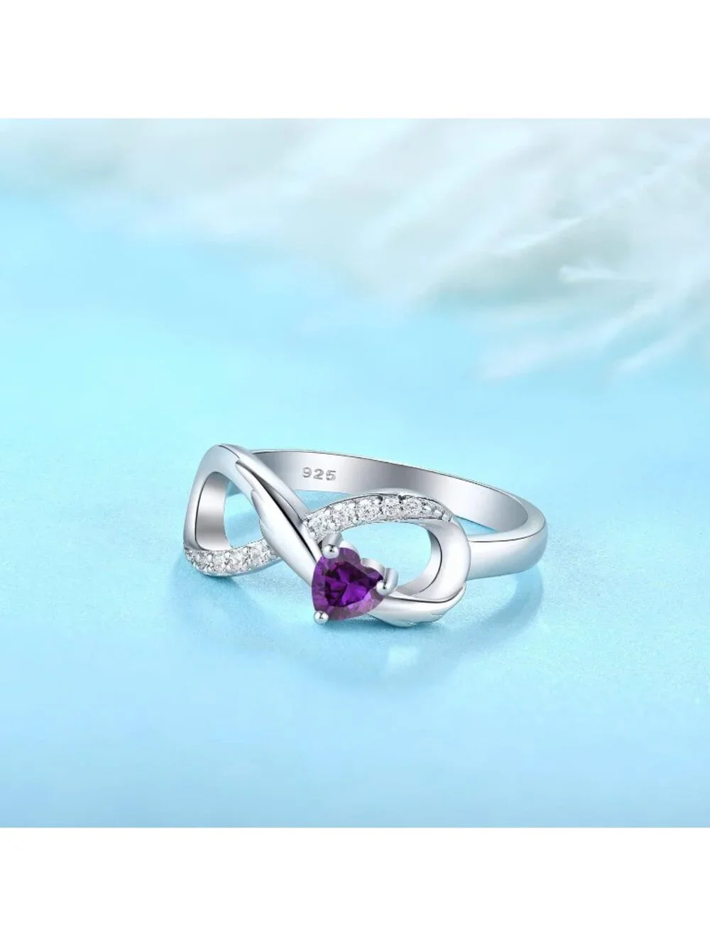 Women's Amythyst Feb 925 Sterling Silver Infinity Promise Angel Wings Heart Ring